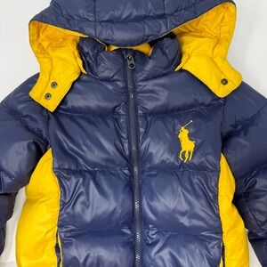 Polo Ralph Lauren Boys Navy Yellow Down Puffer Jacket Detachable Hood Size 6